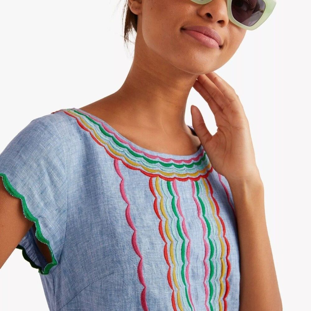 Boden 100% Linen Chambray Laura Embroidered Fiesta Folk Boho Summer Dress - Picture 3 of 13